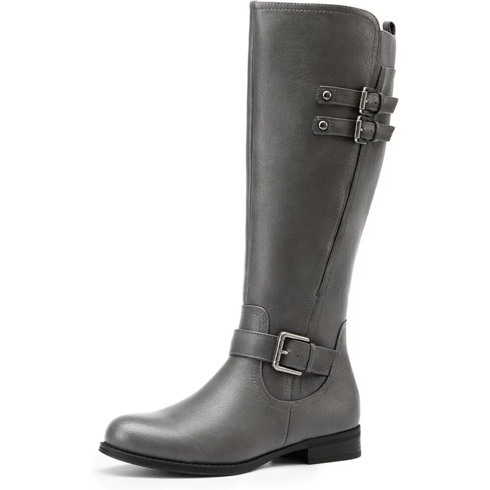 🆕Women's Faux Leather Grey Knee High Buckle Chunky Heel Flat Riding Pirate Boot